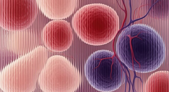 Abstract medical illustration of human cells and blood vessels. Scientific background showing cellular structure and biology. - Powered by Adobe