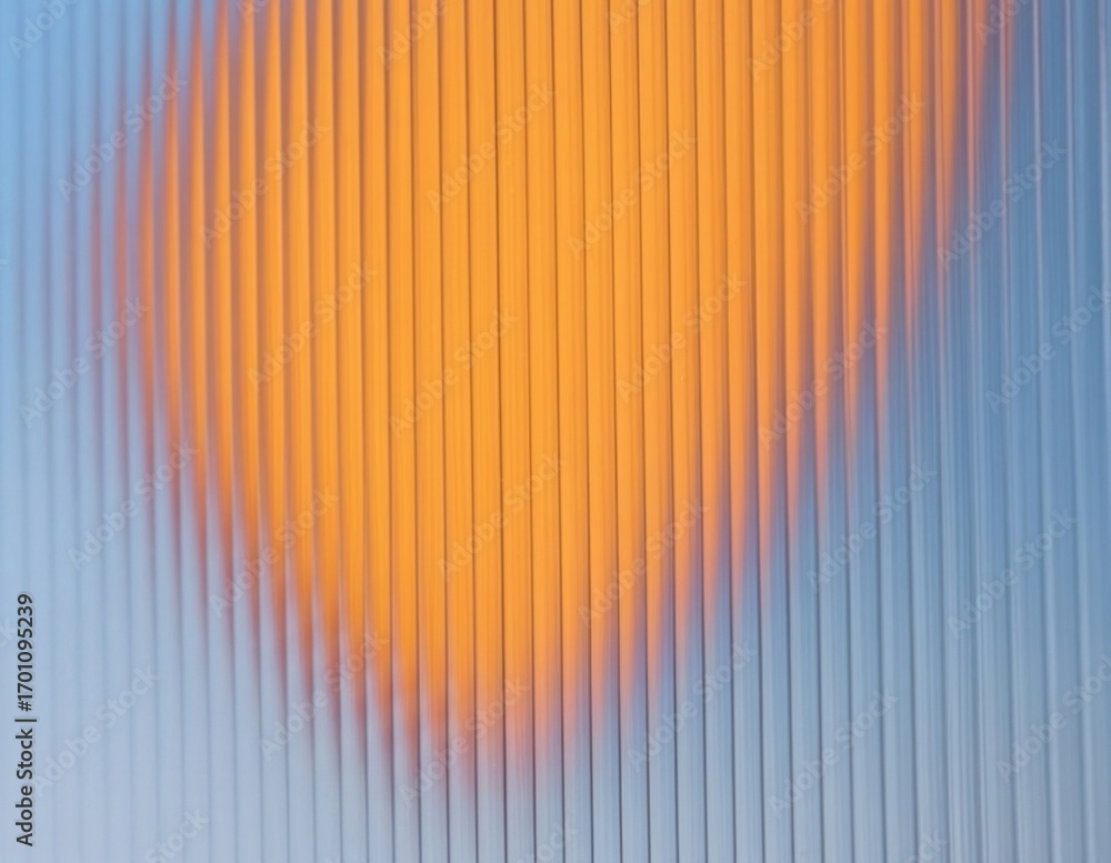 Poster abstract background with an orange sun-like glow behind a fluted glass surface. modern blue and oran