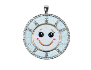 Smiling Sun Face Pendant with Decorative Jeweled Frame.