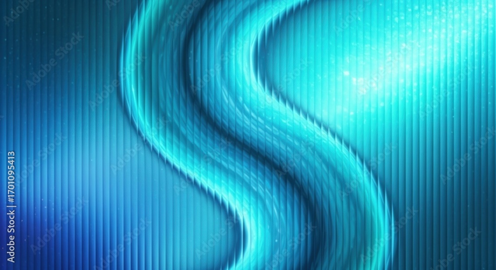 Poster abstract blue background with a glowing s-shaped wave. futuristic digital art with vertical lines an