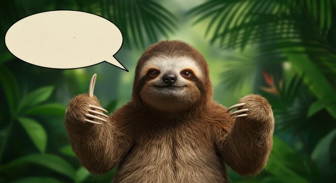 A jovial three-toed sloth, showcasing its playful demeanor, stands proudly amidst lush tropical foliage, with an empty speech bubble positioned above its head.