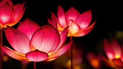 Vibrant illuminated pink lotus flowers glowing against a dark background, creating a serene atmosphere