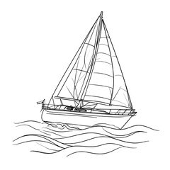 A graphic sketch of a sailboat navigating through waves, showcasing the boat's structure and the dynamic sea movement.
