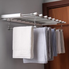 Modern chrome wall mounted drying rack holding multiple clean folded towels in a bathroom or laundry room