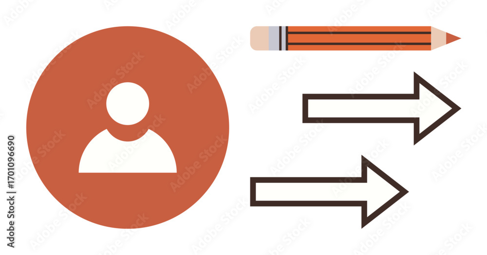 Poster user profile symbol in orange circle next to pencil and two arrows pointing right. ideal for teamwor