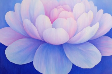 Close-up of a delicate pastel flower bloom with layered petals in soft pink, lavender, and blue tones, set against a cool blue background, evoking calm, beauty, and serenity.