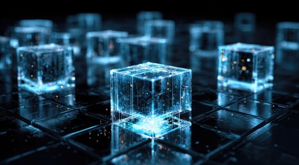 Abstract digital cubes, glowing blue,  dark background