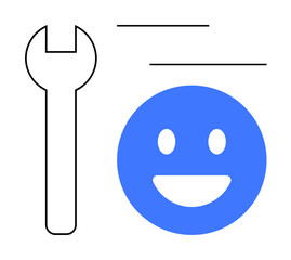 Blue happy emoticon and minimalist black wrench icon. Ideal for service, repair, feedback, user experience, support, optimization, technology. Simplistic and modern for a simple landing page