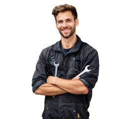 Smiling mechanic with crossed arms holding wrenches, isolated on transparent background. background removed