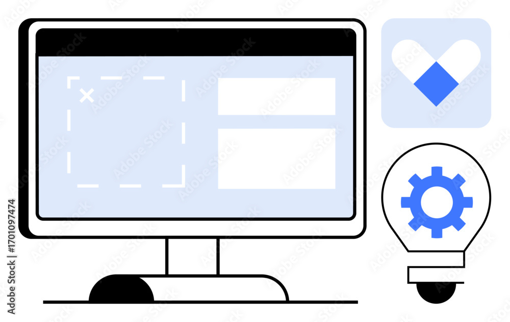 Poster desktop monitor with interface elements, heart-shaped graphic, and light bulb with gear. ideal for t
