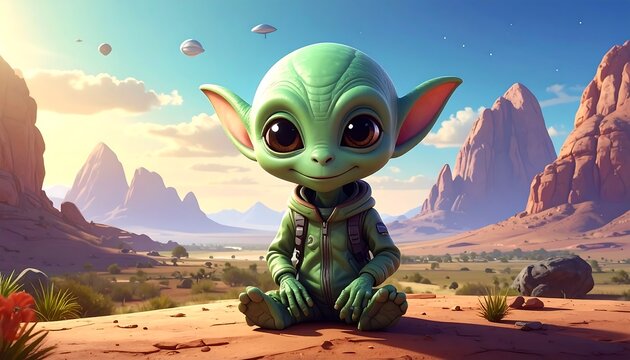 A small, friendly alien sits atop a desert dune, surrounded by a stunning vista of mountains and a serene landscape. - Powered by Adobe