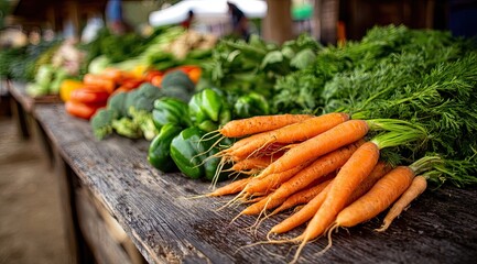 Fresh produce piled high on a rustic wooden market table.  A vibrant display of carrots, peppers, broccoli, tomatoes, and greens