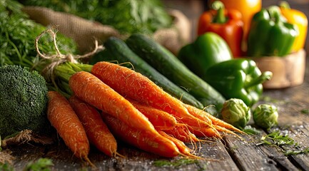 Fresh, vibrant vegetables on rustic wooden surface.  Bunches of carrots, broccoli, cucumbers, and bell peppers fill the image