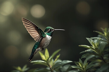 Fototapeta premium A magnificent hummingbird with vibrant green and white plumage hovers in mid-air, its wings a blur of motion against a lush, soft-focus natural background.