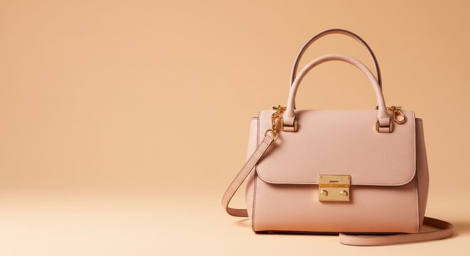 Elegant blush pink handbag with gold hardware on a complementary background, studio shot.