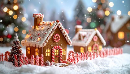 Generated image : A gingerbread house village, candy cane fences, glowing gumdrop lights, whimsical fairytale style.