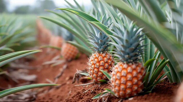 A close-up view of ripe pineapples growing in a lush agricultural field with rich, brown soil.