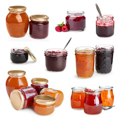 Different jams in jars isolated on white, set