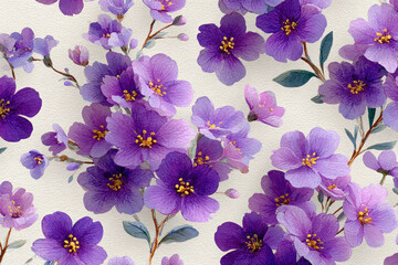 Close up of vibrant purple flowers with delicate petals and yellow centers against a pale background, creating a vivid floral composition rich in color, contrast, and texture.