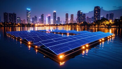 Fototapeta premium Solar Panels on Water with City Skyline at Night, and Renewable Energy.