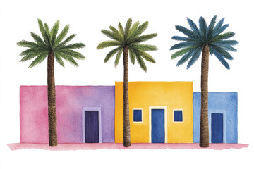 Watercolor illustration of pastel houses with vibrant doors and tall palm trees, creating a tropical neighborhood scene with soft gradients and sunlit charm.