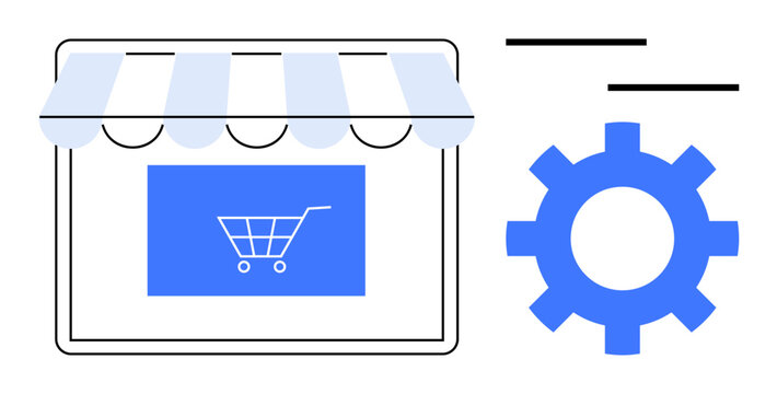 Digital storefront with shopping cart graphic, gear symbol for customization, and simple design. Ideal for e-commerce, online shops, retail, technology, development, automation simple flat metaphor