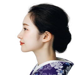 Side profile of a young woman with dark hair in a traditional Japanese kimono against a transparent background. background removed