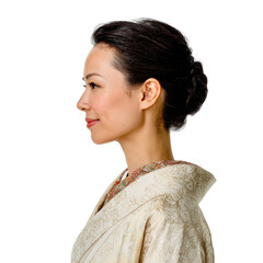 Side profile of a woman wearing a traditional Japanese kimono, elegant and serene. background removed