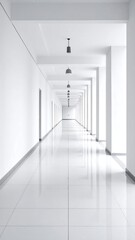 Obraz premium A long, white hallway extends into the distance, illuminated by evenly spaced lights, creating a clean and minimalist architectural scene.