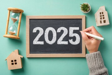 Chalkboard with 2025, hourglass, and house models