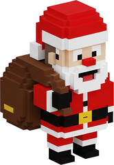 A voxel art Santa Claus character wearing his iconic red suit and hat carrying a large sack of gifts isolate