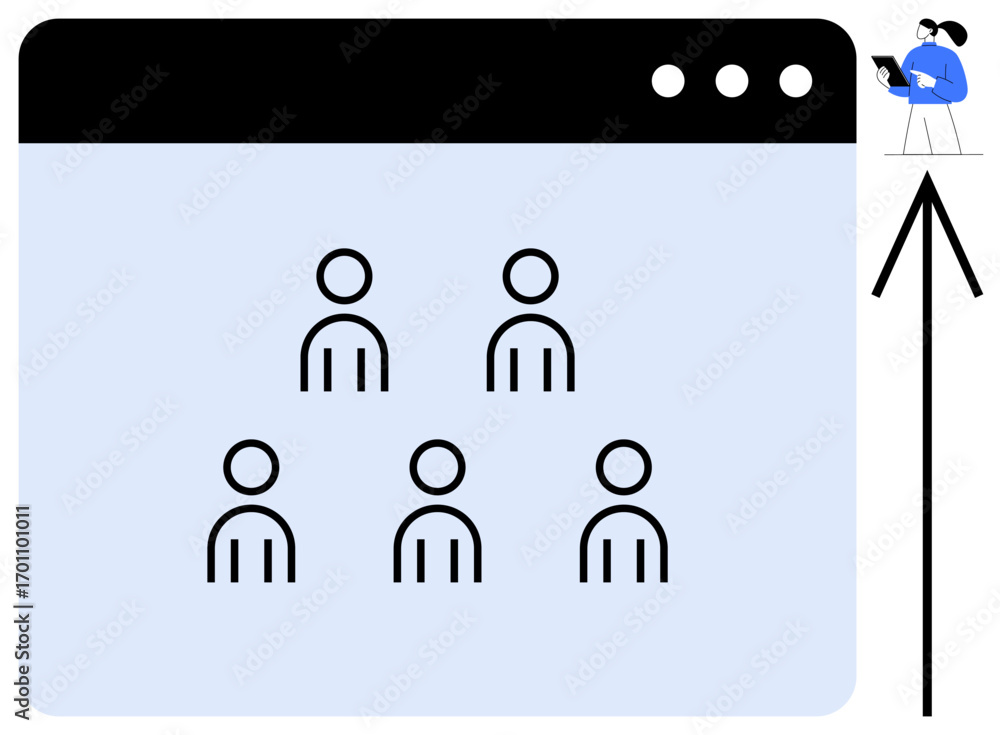 Poster browser window displaying abstract user icons, arrow pointing to a professional with a laptop. ideal