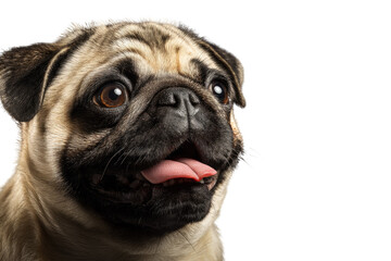 Fototapeta premium Close-up of a happy pug dog with its tongue out against a transparent background. background removed