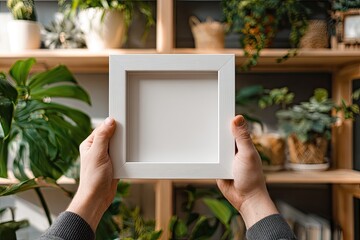 Hands holding a blank white picture frame, surrounded by greenery on shelves