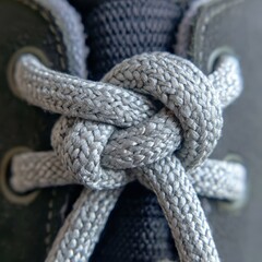 Close up of a sturdy grey shoelace tied in a secure knot on a dark shoe