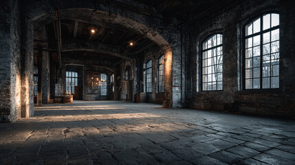 Interior of a large abandoned warehouse with brick walls and windows.
