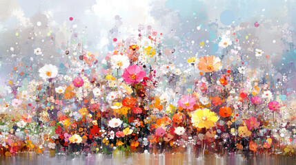 Vibrant watercolor garden with bold blooms across the frame, blending petals in orange, pink, yellow and white with a soft, misty blue background.