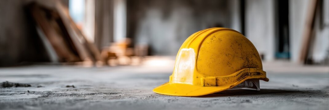 Hard Hat Resting on a Dusty Floor at a Construction Site During Daylight Hours