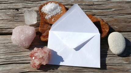White Envelope With Crystals And Salt On Wooden Background