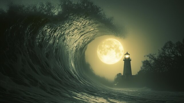 Lighthouse under a full moon with a giant wave