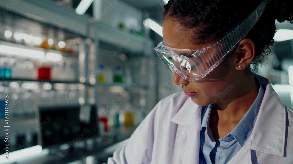 Poster a scientist in a lab coat examines a pink liquid in a beaker. the video features a side angle, captu