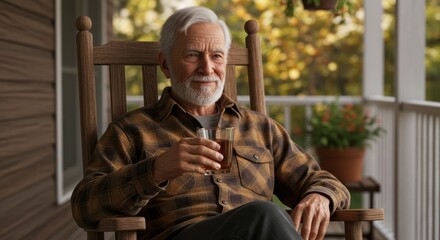 Senior man enjoys a quiet moment on the porch, drink in hand, relaxed and content.
