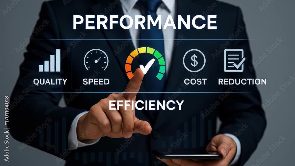 Poster business performance concept illustrating quality speed efficiency and cost reduction for effective 