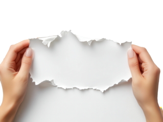 Hand holding a torn piece of paper with on transparent background