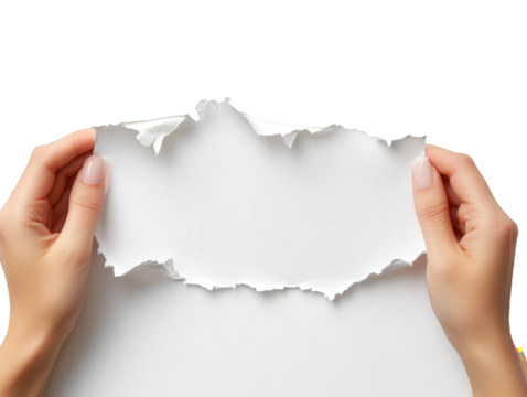 Hand holding a torn piece of paper with on transparent background