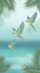 Three vibrant macaws in flight, framed by lush palm fronds against a tranquil turquoise ocean backdrop. A serene, tropical scene.
