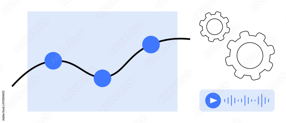 Aufkleber line graph with data points, geometric gears symbolizing workflow, audio play button. ideal for data