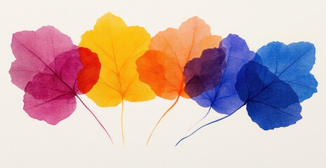 A vibrant collection of translucent leaves in pink, yellow, orange, red, purple, and blue lays gracefully on a light background, creating an artistic study of color and texture.