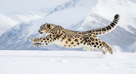 A majestic snow leopard in mid-leap across a snowy mountain landscape, its spotted fur blending with the winter environment.