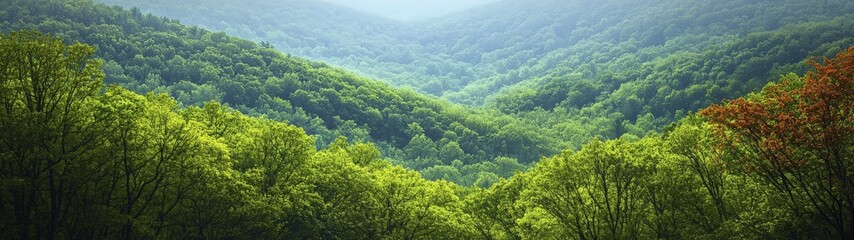 Obraz premium Lush green forest landscape with rolling hills and vibrant foliage under a clear sky.